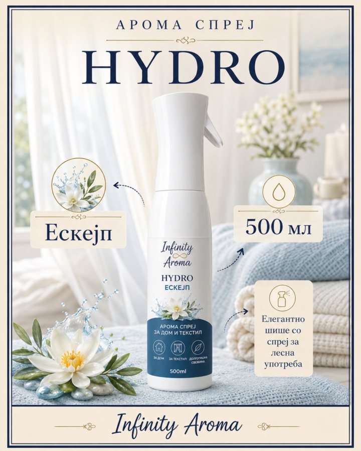 HYDRO ЕСКЕЈП-АРОМА СПРЕЈ ЗА ДОМ И ТЕКСТИЛ 500 мл
