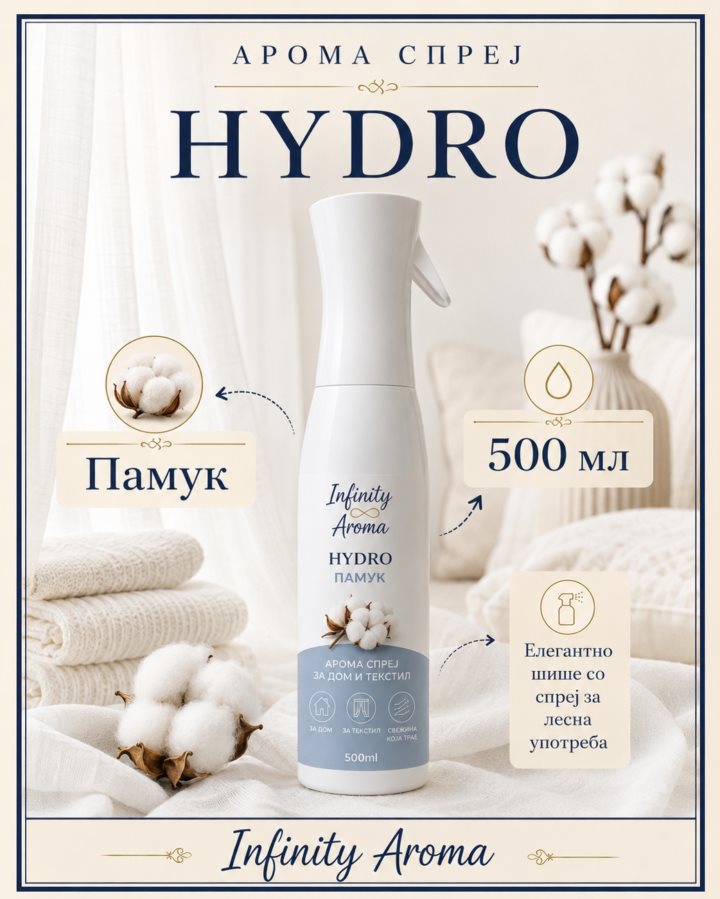 HYDRO ПАМУК – АРОМА СПРЕЈ ЗА ДОМ И ТЕКСТИЛ 500 m