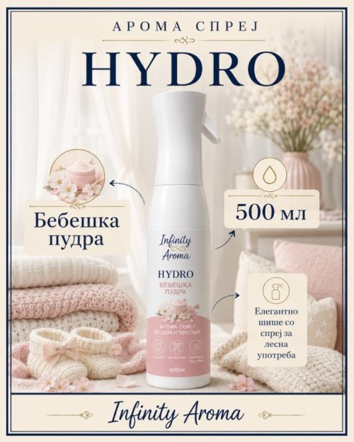 HYDRO БЕБЕШКА ПУДРА – АРОМА СПРЕЈ ЗА ДОМ И ТЕКСТИЛ 500 m