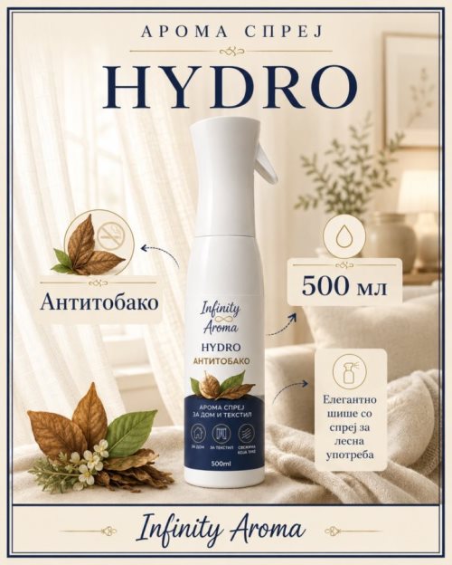 HYDRO АНТИТОБАКО – АРОМА СПРЕЈ ЗА ДОМ И ТЕКСТИЛ 500 m